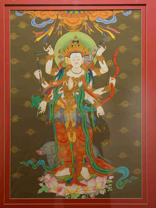 Hand-painted Tibetan Thangka of Marici Bodhisattva on canvas, crafted with mineral pigments in traditional Buddhist art style.