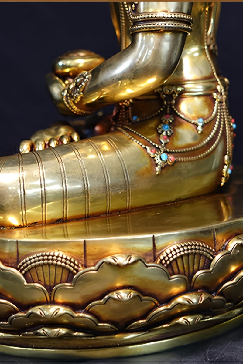 Brass handmade Tibetan Buddhist Medicine Buddha with painted finish, spiritual Buddhist art decor.
