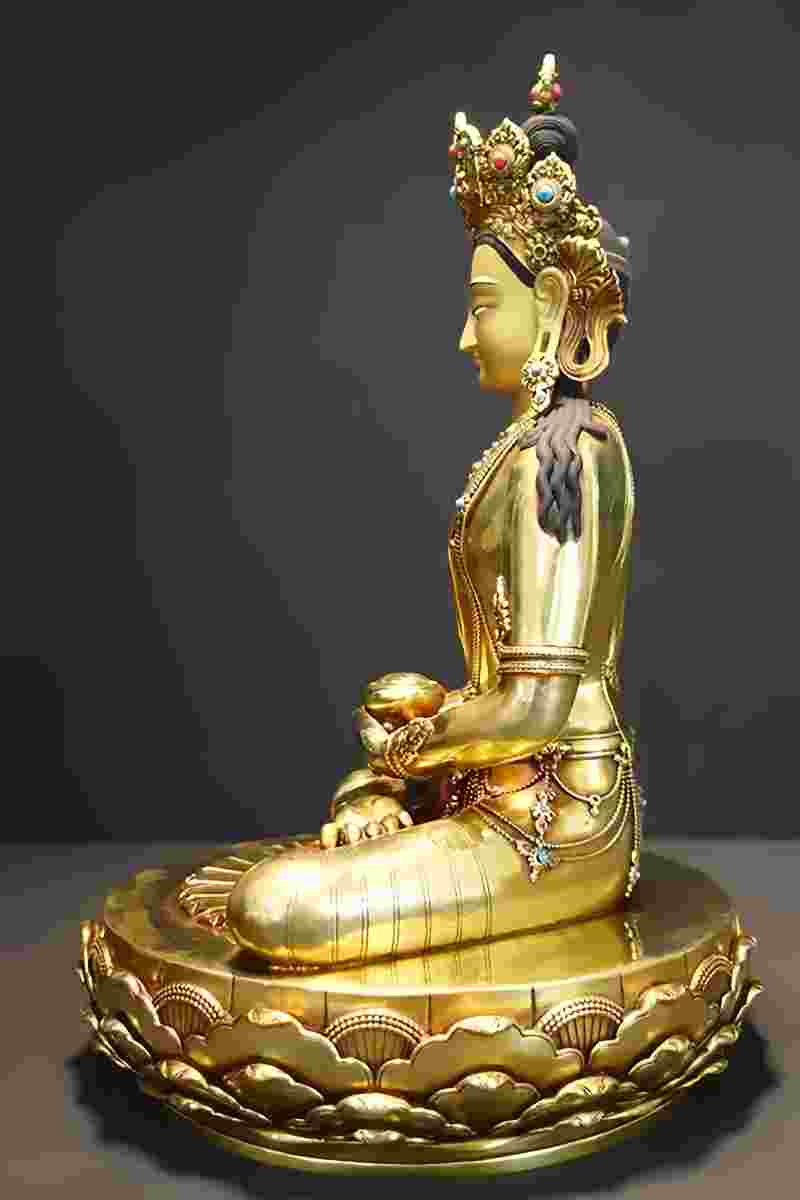 Shakyamuni Medicine Buddha Tibetan Buddhist statue in painted brass, unique Buddhist art masterpiece.