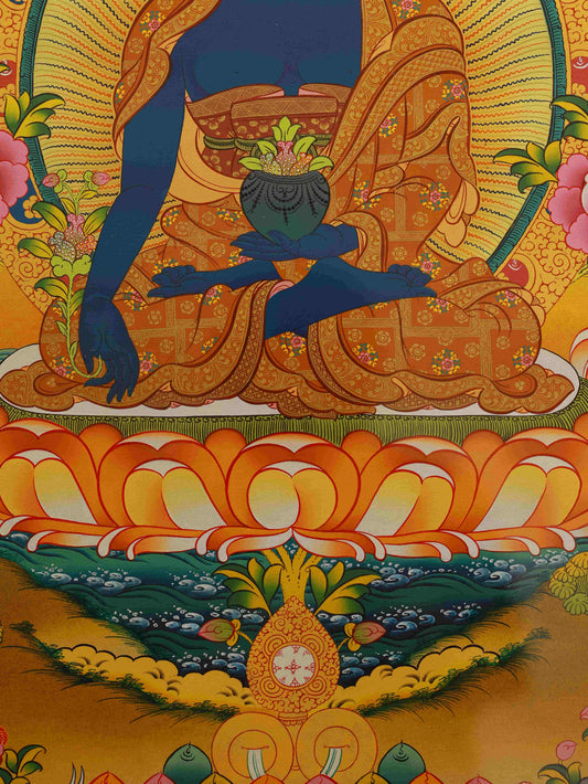 Traditional Tibetan Thangka of Medicine Buddha - Hand Painted Healing and Wellness Art
