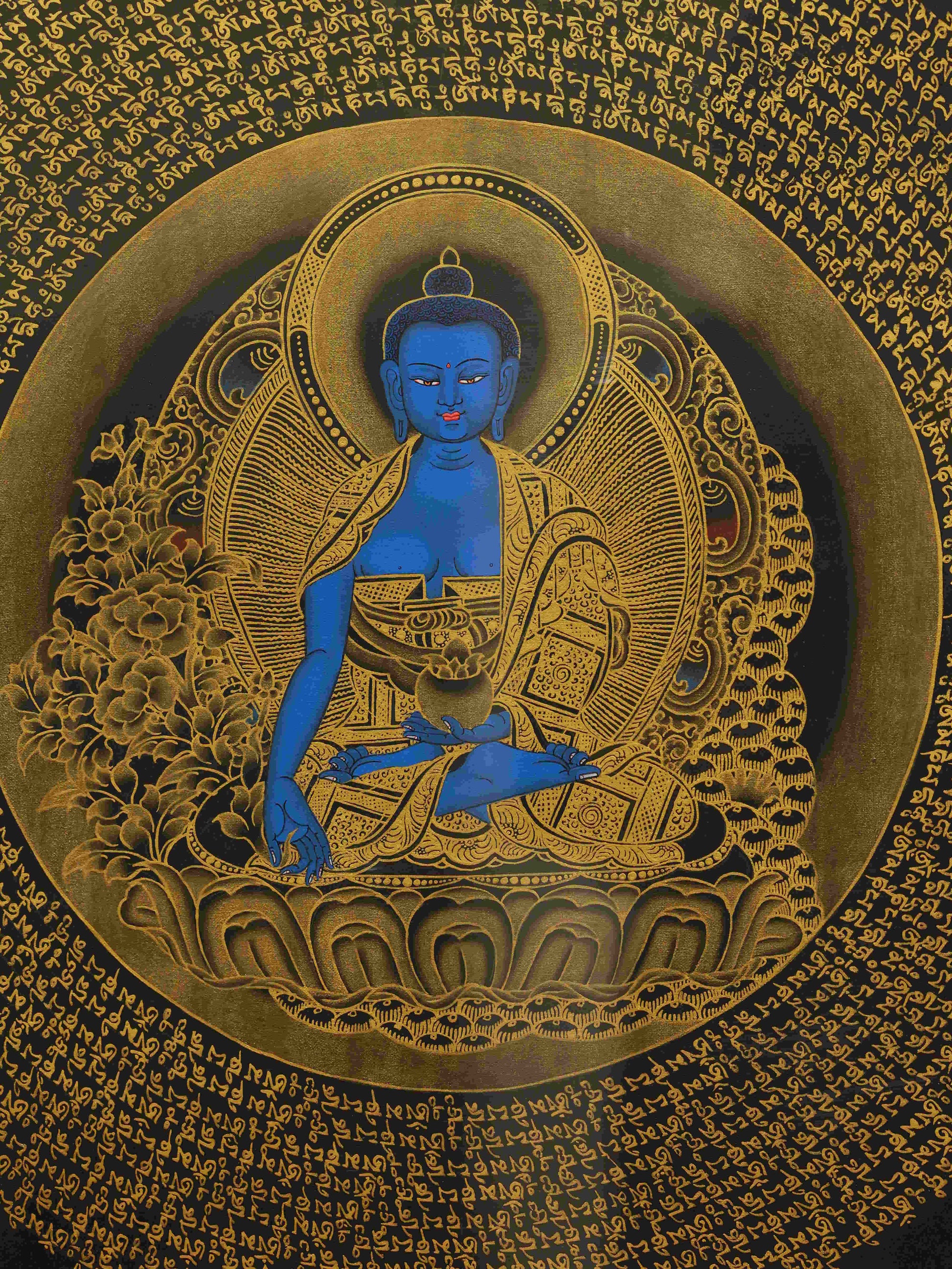 Tibetan Medicine Buddha Thangka for health, wellness, and family protection.