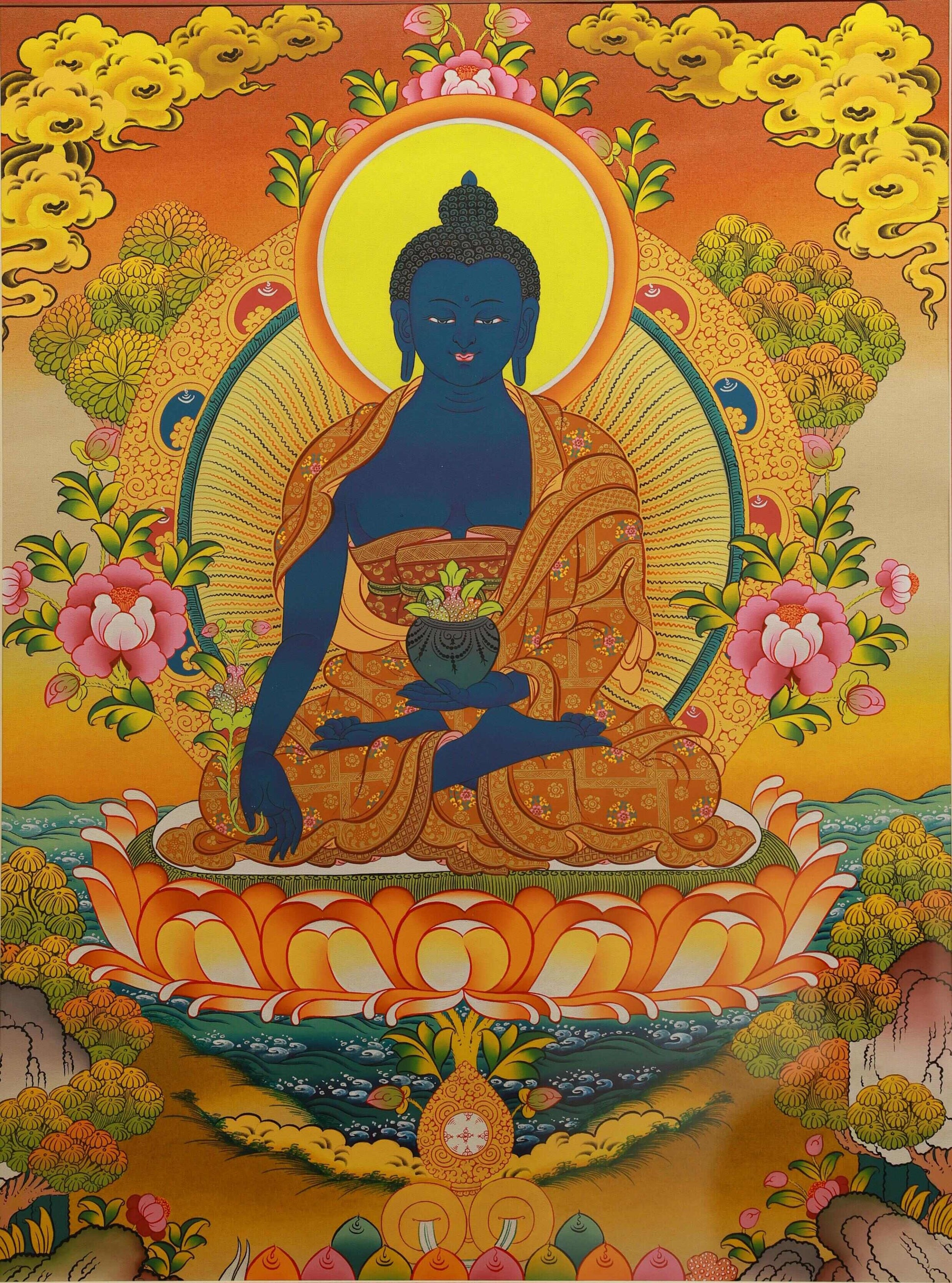 Tibetan Buddhist Medicine Buddha Thangka Painting with Natural Mineral Pigments - Healing Art
