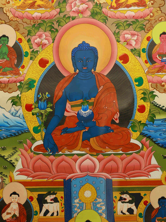 Tibetan Buddhist Thangka of Bhaisajyaguru – Hand-painted on Canvas for Spiritual Healing