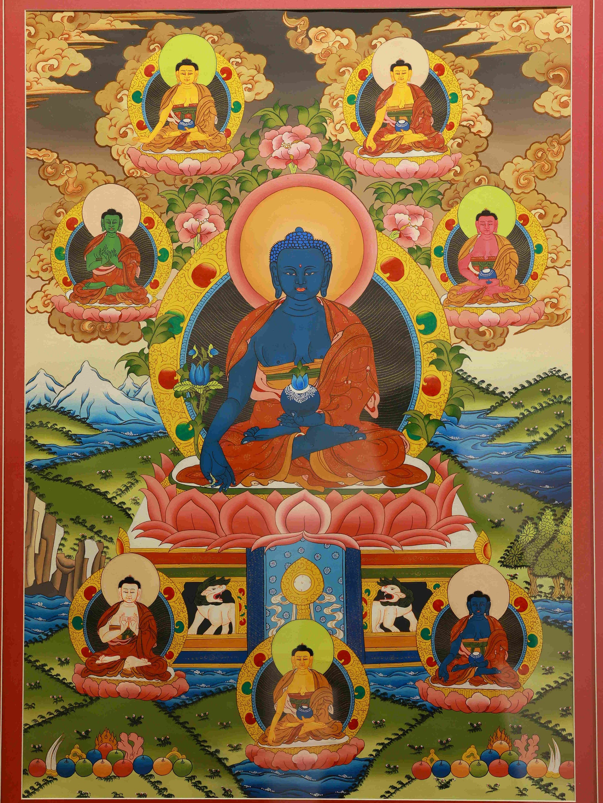 Handmade Tibetan Thangka Painting of Medicine Buddha (Bhaisajyaguru) for Healing and Wellness