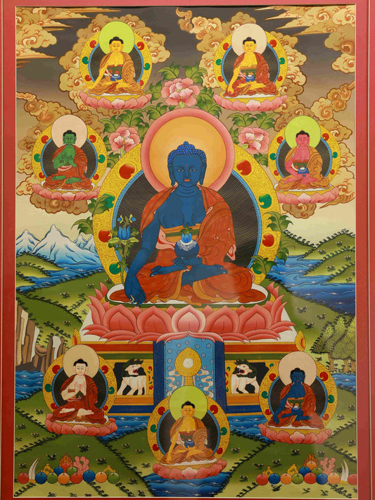 Handmade Tibetan Thangka Painting of Medicine Buddha (Bhaisajyaguru) for Healing and Wellness