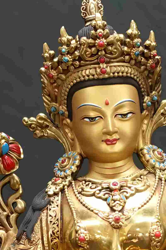 Nepalese Tibetan Buddhist Green Tara statue, handcrafted in pure copper, representing divine compassion and blessings for prosperity and peace.