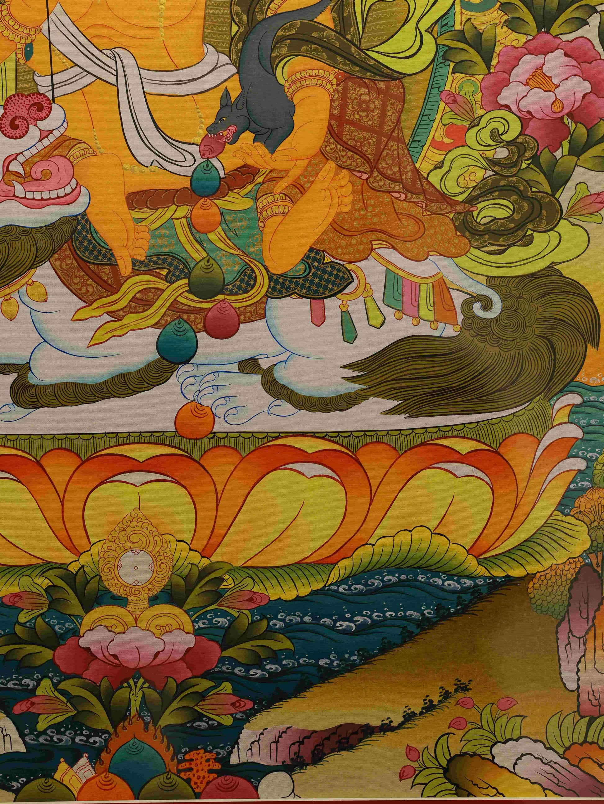 Hand-painted Tibetan Thangka of Newar Yellow Jambhala – Buddhist wealth deity painting for blessings and abundance.