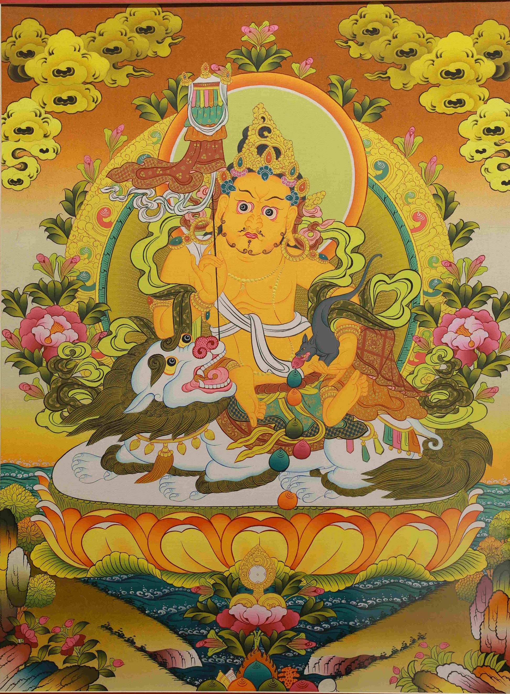 Traditional Tibetan Thangka – Newar Yellow Jambhala hand-painted on canvas using natural mineral pigments.