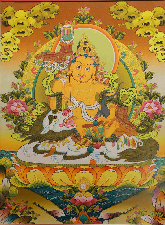Traditional Tibetan Thangka – Newar Yellow Jambhala hand-painted on canvas using natural mineral pigments.