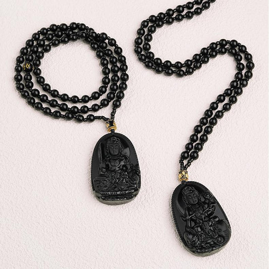 Tibetan Buddhist obsidian necklace featuring intricate Thangka painting design, perfect for spiritual wear.