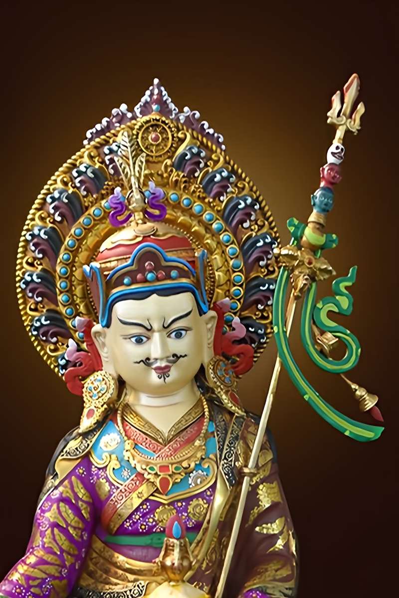 Handmade Padmasambhava brass painted statue, symbolic Tibetan Buddhist statues creation, Buddha Statue Art representing protection and fortune.