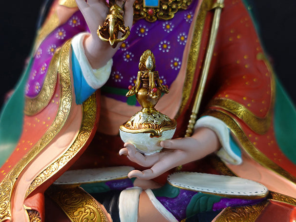 Painted Tibetan Buddhist Padmasambhava handmade brass figure, detailed Buddhist Art piece for sacred space and meditation.