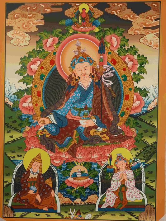 Meditation-friendly Padmasambhava Thangka, Tibetan-Buddhist sacred painting with authentic Buddha art.