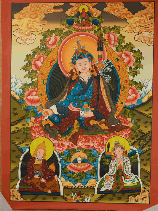 Traditional Tibetan-Buddhist Padmasambhava Thangka, a fine example of Tibetan Buddha art and devotional craftsmanship.