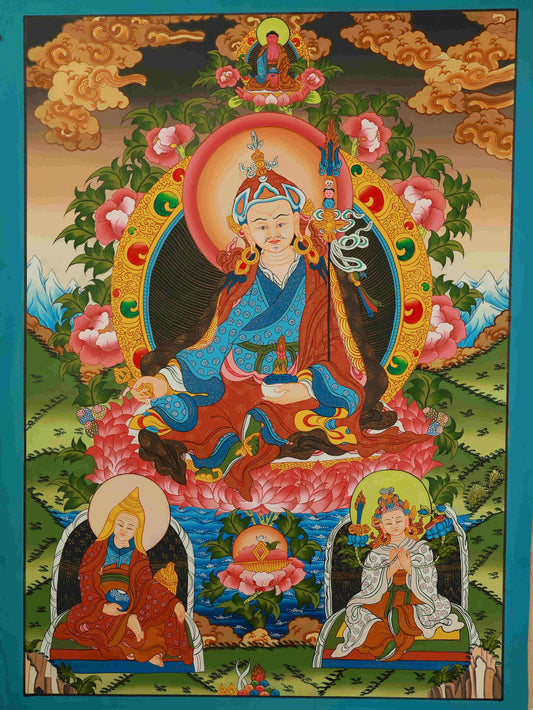 Traditional Tibetan-Buddhist Guru Rinpoche Thangka, hand-painted with natural pigments, a sacred piece of Tibetan Buddha art for meditation and blessings.