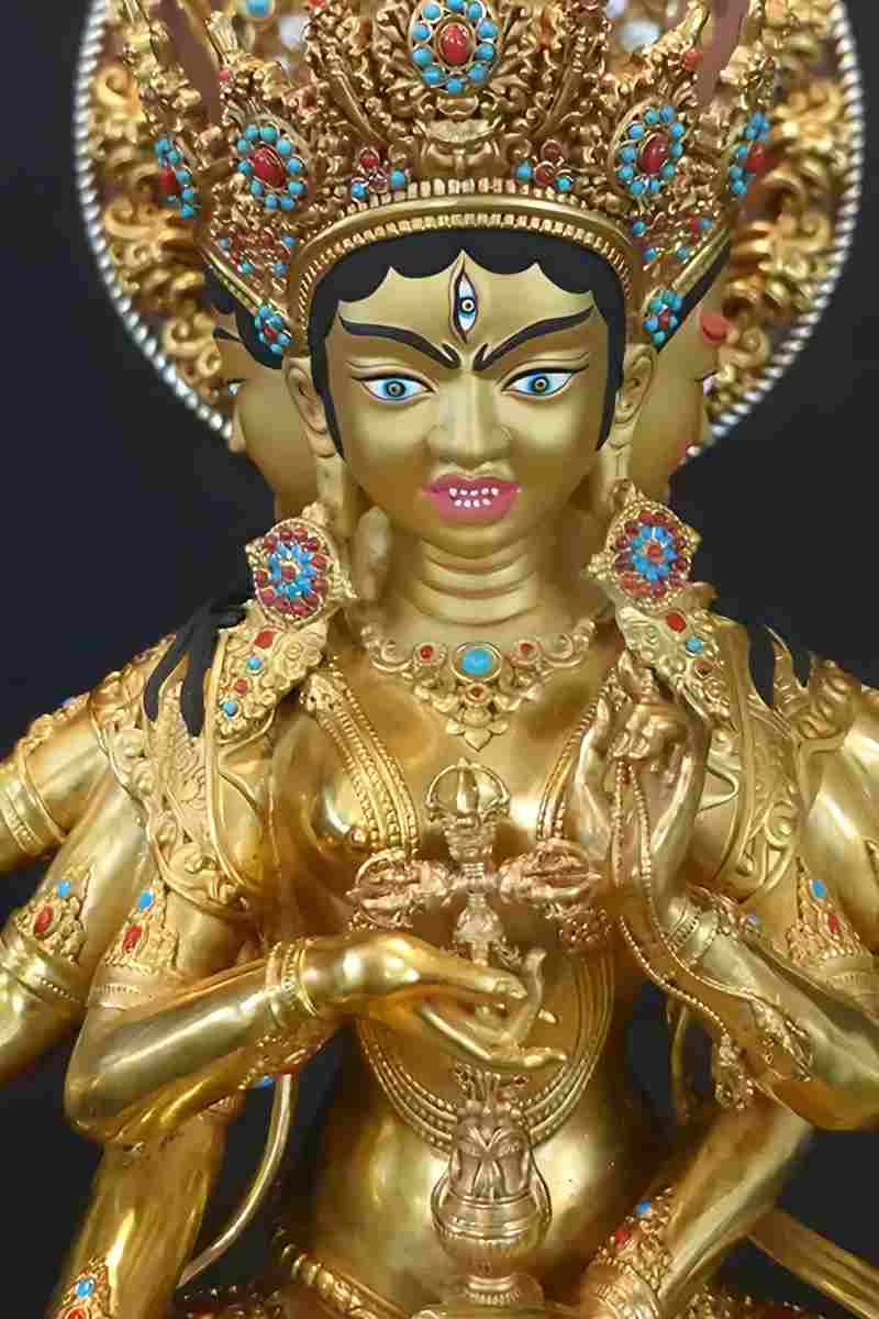 Hand-painted Tibetan Buddhist art brass Ushnisha Vijaya statue, representing compassion, wisdom, and family protection.