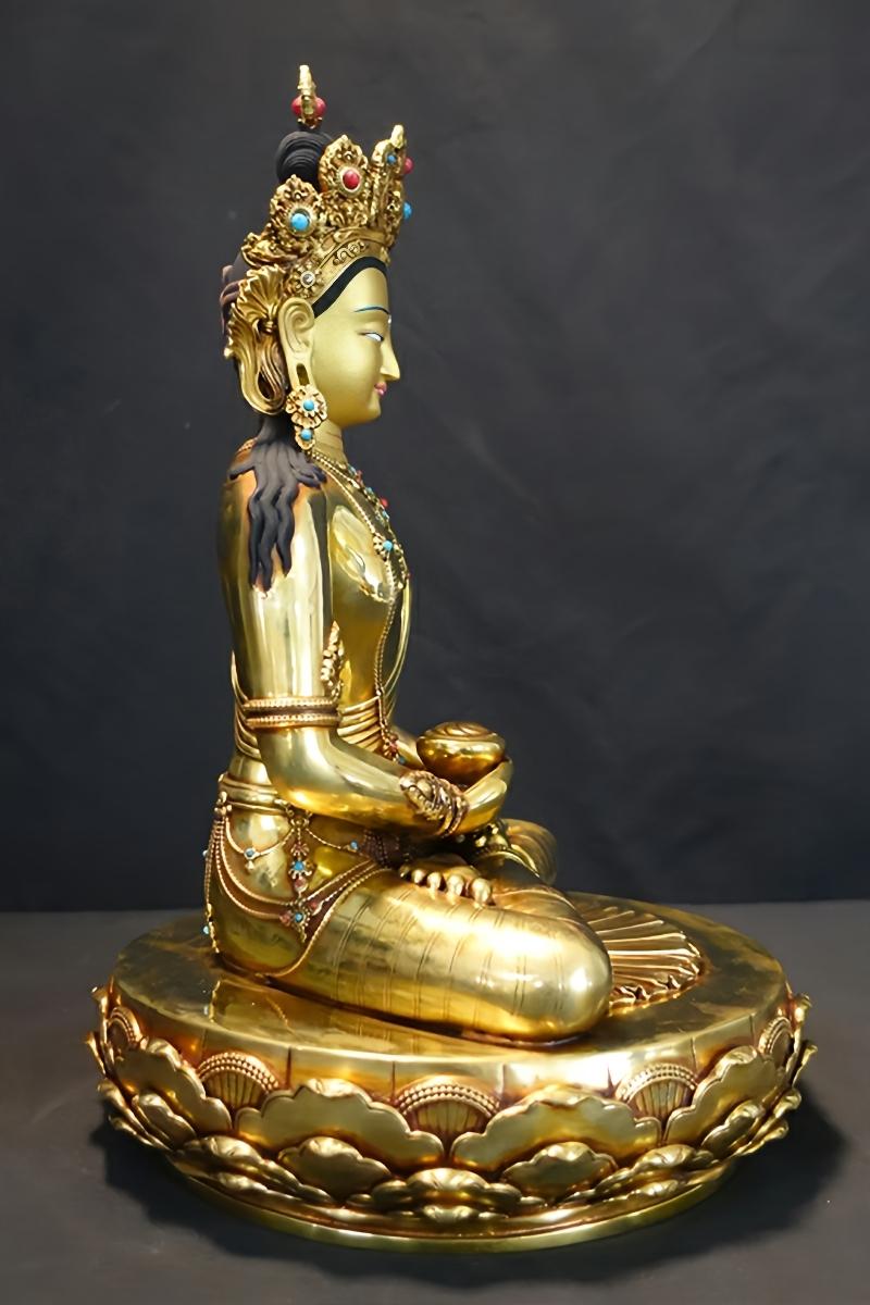 Painted Shakyamuni Medicine Buddha statue in Tibetan Buddhist brass art, hand-finished spiritual sculpture.