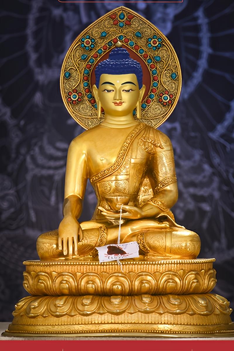 Exquisite Tibetan-Buddhist Three Times Buddha statue, handmade copper Buddhist art symbolizing past, present, and future enlightenment.