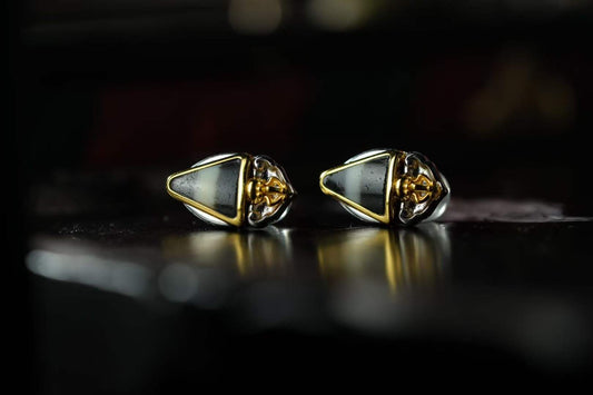 Handmade Tibetan Buddhist Vajra Phurba earrings crafted with golden obsidian, Bodhi, agate and sterling silver.