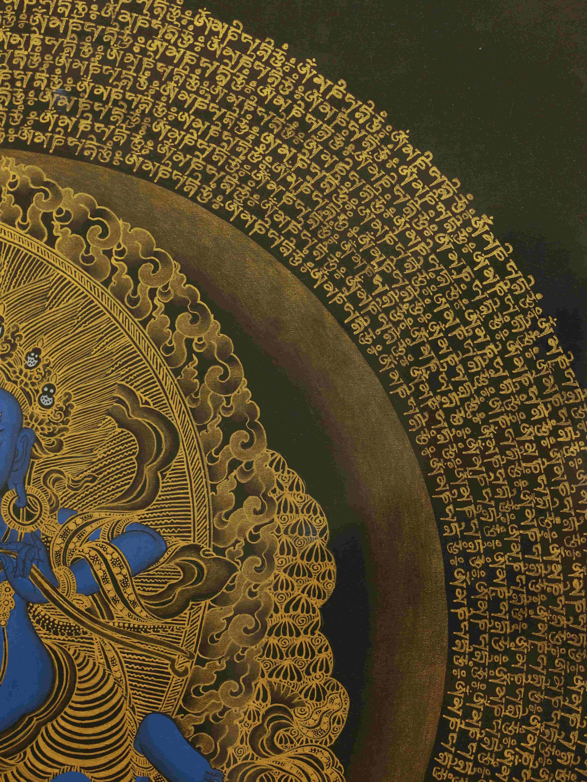 Black Mahakala Thangka painting, intricately detailed and handcrafted by Tibetan Thangka masters.