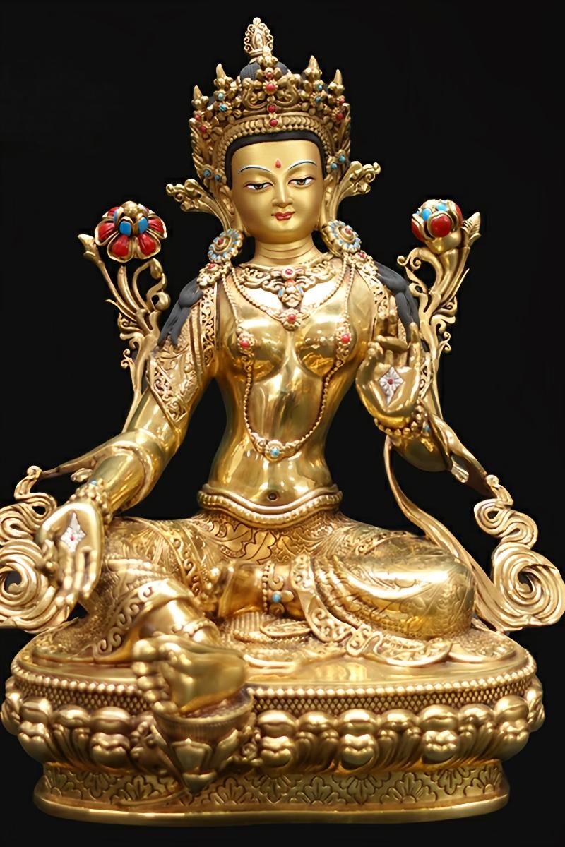 Pure copper Tibetan Buddhist Green Tara Buddha statue, hand-carved with intricate details, perfect for meditation, shrine, or sacred décor.