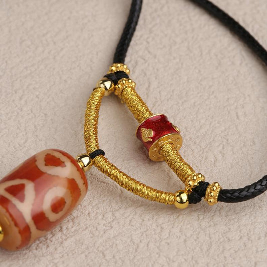 Handmade Three-Eye Dzi Bead for Wealth and Protection, Agate and Copper