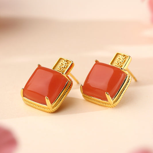 Handcrafted Tibetan Buddhist red agate earrings inspired by Buddha art, made of 925 silver and pure gold.
