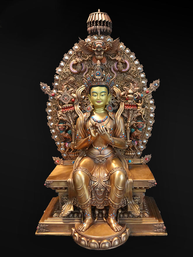 "Red brown Tibetan Buddhist gilded copper Maitreya Buddha figure, symbol of future Buddha and prosperity."