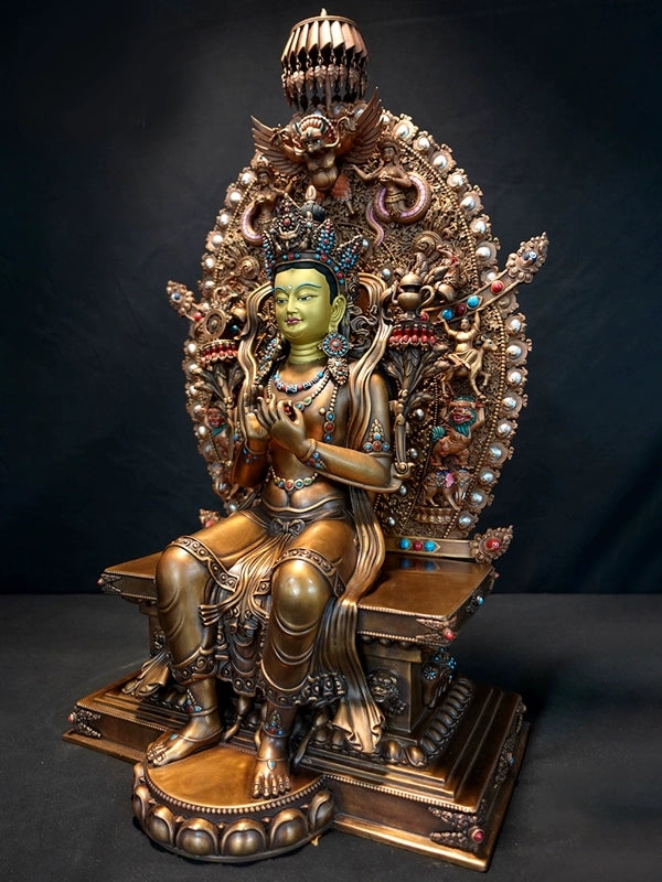 "Tibetan Buddhist Jampa Buddha art statue in red brown copper with gilding, hand-carved for spiritual practice."