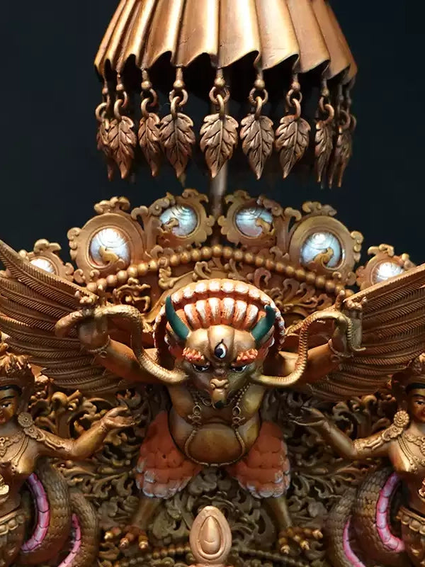 "Handcrafted Tibetan Buddhist red copper gilt Maitreya Buddha statue with radiant halo design."