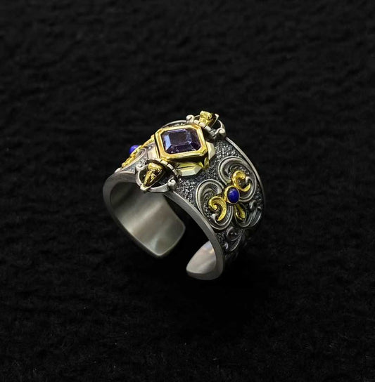 Handmade S925 gemstone Vajra ring inspired by Tibetan Buddhist jewelry art.