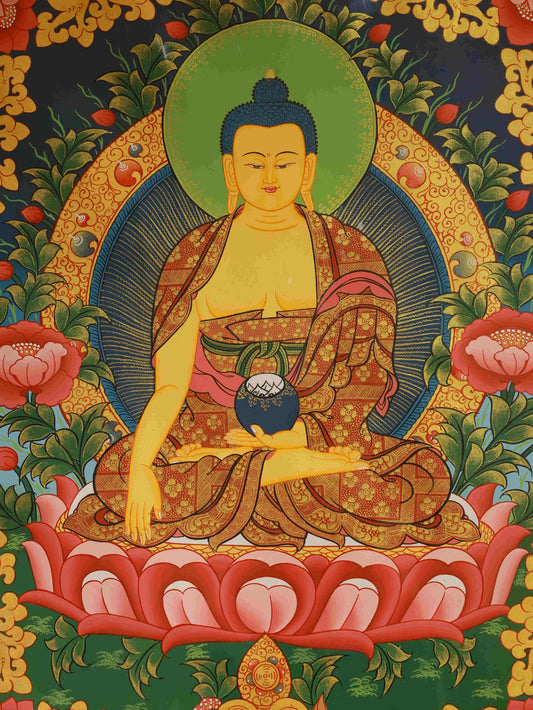 Traditional Tibetan Buddha Thangka art depicting Shakyamuni, handcrafted with detailed mineral pigment painting on canvas.