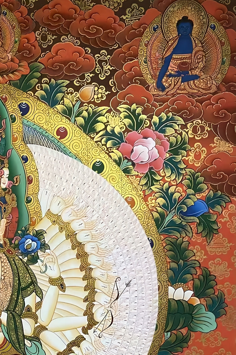 Mahakaruna Deity Thangka | 1000-Armed Compassion Buddha in Lotus Mandala | Handcrafted Tibetan Art