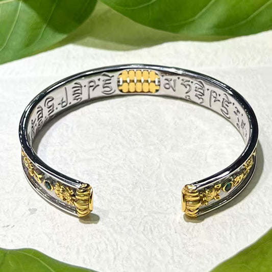 Handmade 925 sterling silver 24K gold abacus bangle with Eight Auspicious Symbols, a core piece of Tibetan Buddhist sacrificial implements culture for wealth.