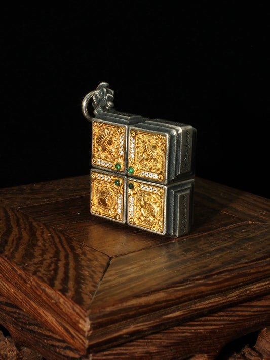 Handmade 925 sterling silver 24K gold-plated Eight Auspicious Symbols pendant, a core piece of Tibetan Buddhist sacrificial implements culture for all-around luck.