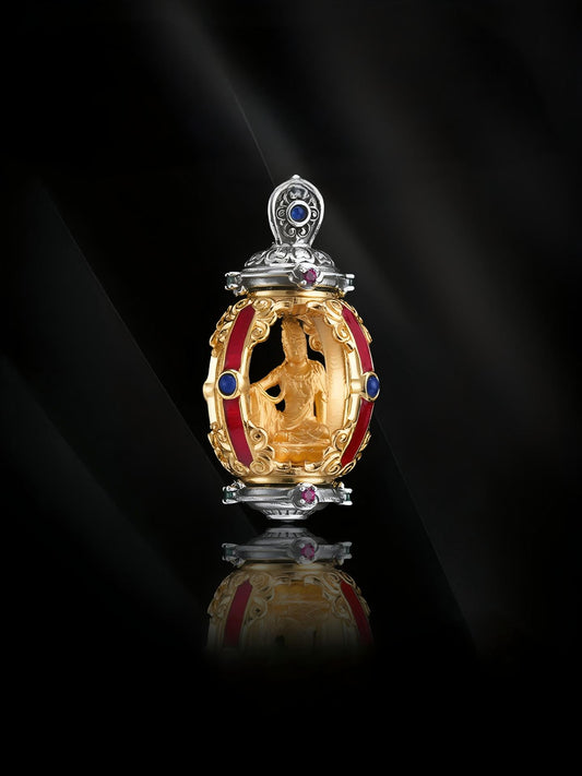 Handmade 925 sterling silver Water Moon Avalokiteshvara pendant, a serene piece of Tibetan Buddhist sacrificial implements culture for inner peace.