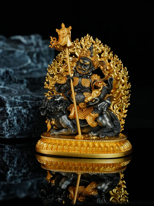 Exquisite Buddhist sacrificial items art featuring a hand-carved gold Jambhala holding a treasure-spitting mongoose on a snow lion.
