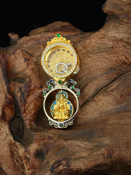 A senior practitioner wearing the sacred Amitayus necklace for dispelling illness and obstacles, representing Buddhist sacrificial items art.