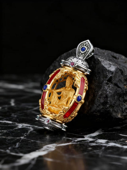 A meditation practitioner wearing the sacred Guanyin talisman for spiritual protection, representing the essence of Buddhist sacrificial items art.