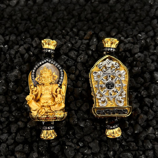 A business professional wearing the sacred Yellow Jambhala charm for financial success, representing the essence of Buddhist sacrificial items art.