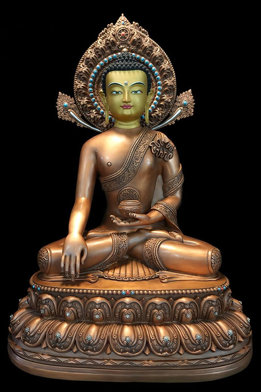 A handmade Sakyamuni Buddha figure with exquisite gold accents. As a fine example of Tibetan Buddhist statues, it showcases detailed craftsmanship in brass.