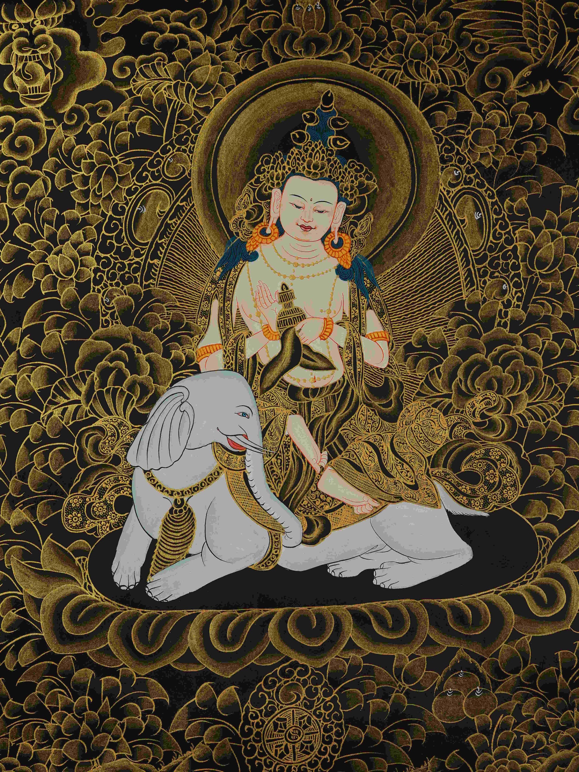 Hand-painted Samantabhadra Black and Gold Tibetan Thangka – Buddhist thangka painting representing wisdom and purity.