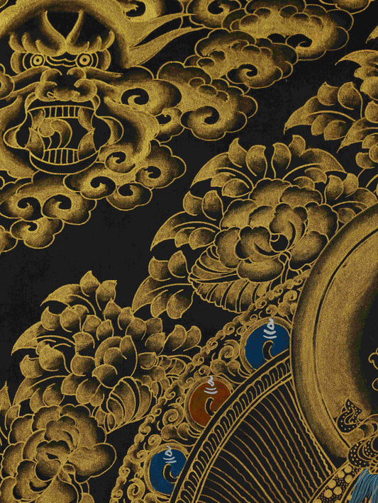 Tibetan Buddhist Samantabhadra Bodhisattva Thangka Painting in Black and Gold – sacred thangka art symbolizing enlightenment and virtue.