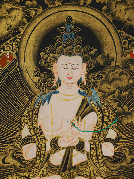 Tibetan Buddhist Samantabhadra Bodhisattva Thangka Painting in Black and Gold – sacred Buddhist art representing virtue and enlightenment.