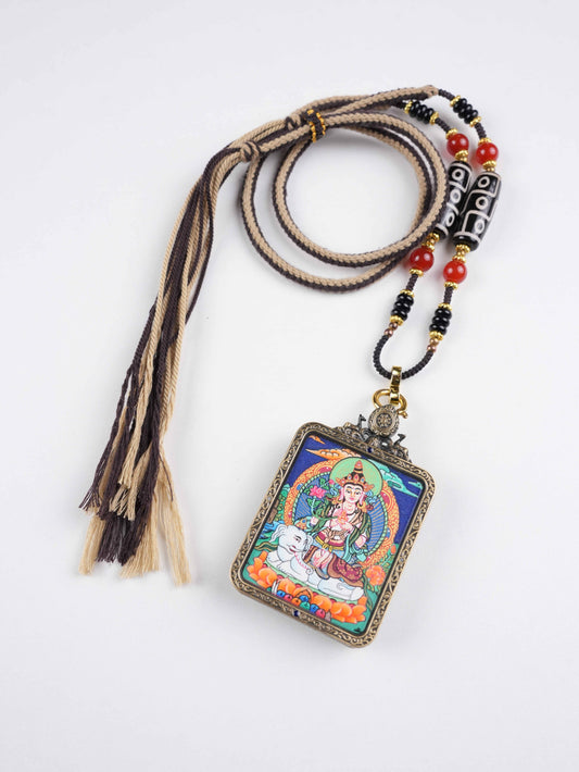 Tibetan Buddhist Samantabhadra Bodhisattva zodiac guardian thangka pendant, hand-painted on traditional thangka canvas with natural mineral pigments for wisdom and harmony.
