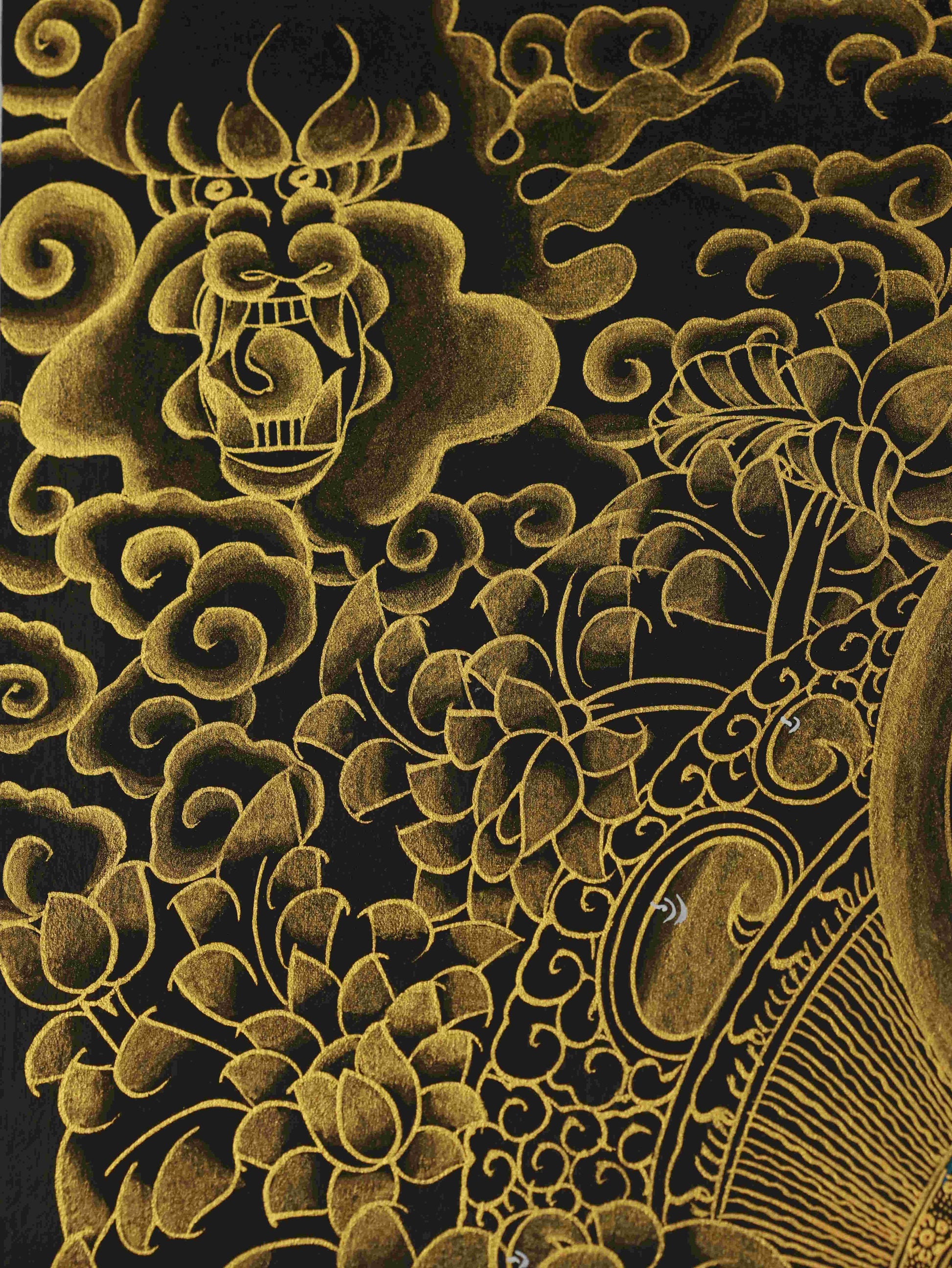 Tibetan Buddhist Samantabhadra Thangka Painting in Black and Gold – sacred thangka art for meditation and wisdom.