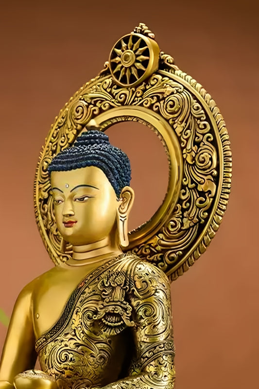 Handcrafted Tibetan Shakyamuni Buddha statue made of copper, hand-painted with mineral pigments, representing authentic Tibetan Buddha art.