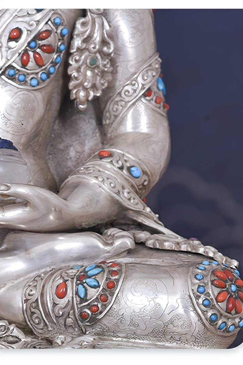 Handcrafted Tibetan-buddhist Shakyamuni Buddha, pure silver statue with mineral pigments, sacred Tibetan Buddha art.