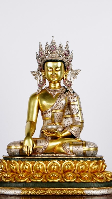 Gilt silver inlay Shakyamuni Buddha statue in Tibetan Buddhist style, handmade Buddha Statue-Art crafted from purple copper with mineral pigments