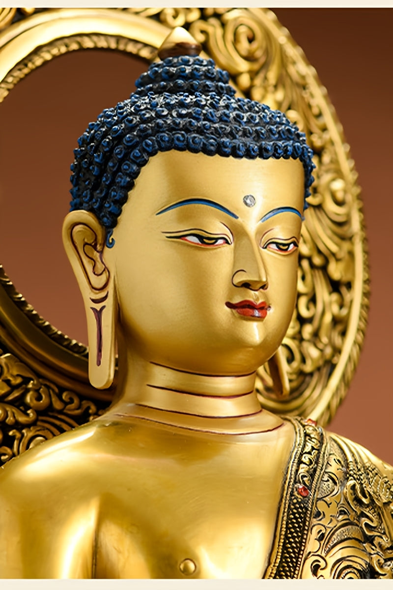 Hand-painted Tibetan Buddha statue of Shakyamuni, made with pure copper and natural pigments, symbolizing peace and enlightenment.